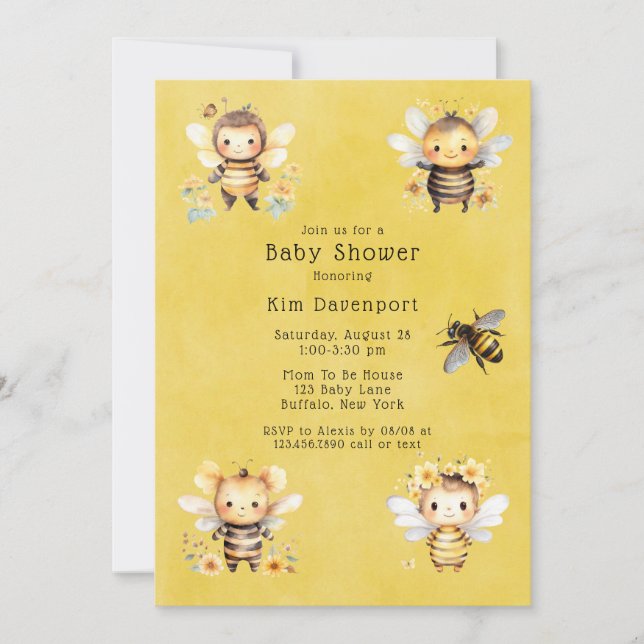 Invitation Baby shower de la floraison des abeilles (Devant)