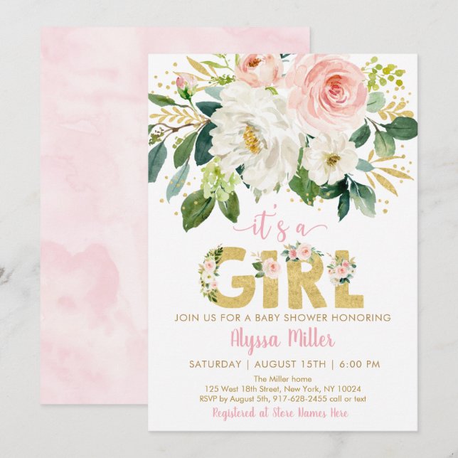 Invitation Baby shower de la florale d'or rose (Devant / Derrière)