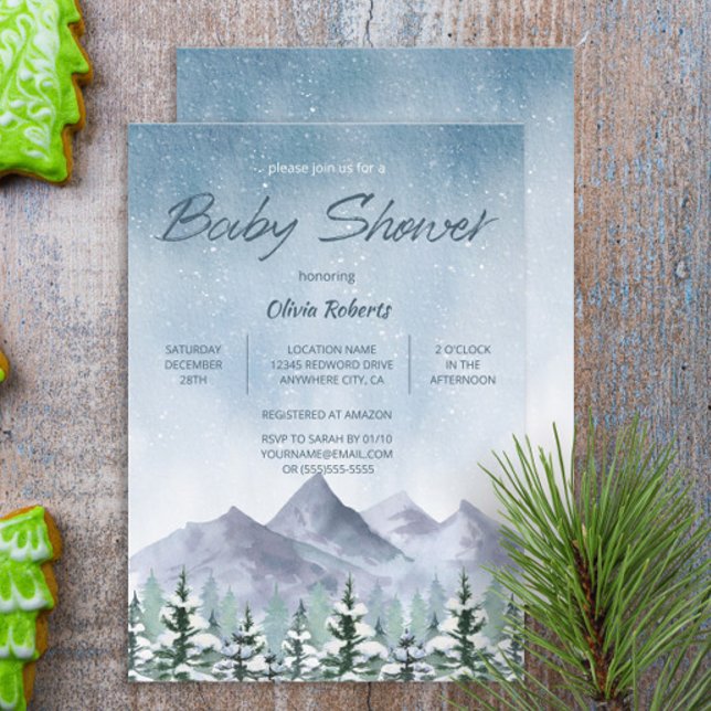 Invitation Baby shower de la forêt de montagne de neige en hi (Créateur téléchargé)