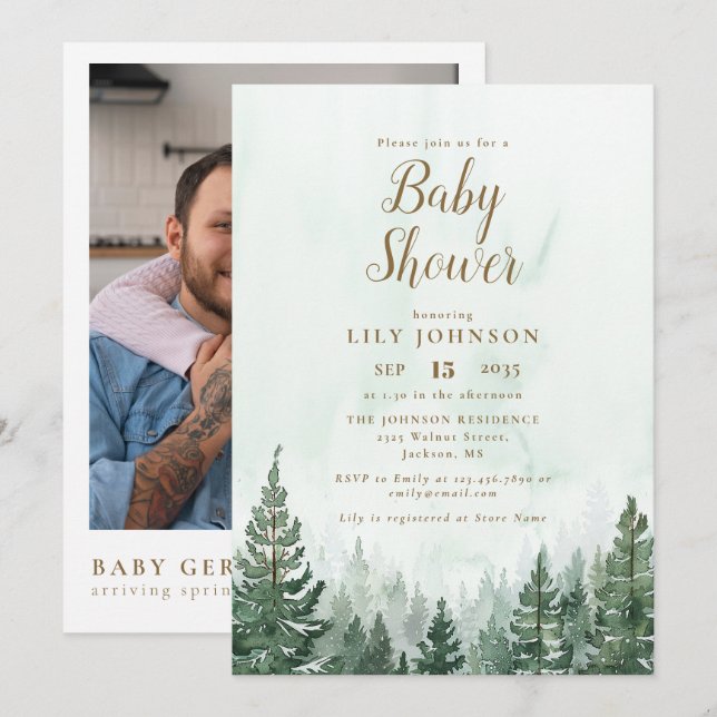 Invitation Baby shower de la forêt de pins d'aventure Photo Q (Devant / Derrière)