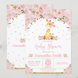 Invitation Baby shower de la Girafe à fleurs roses