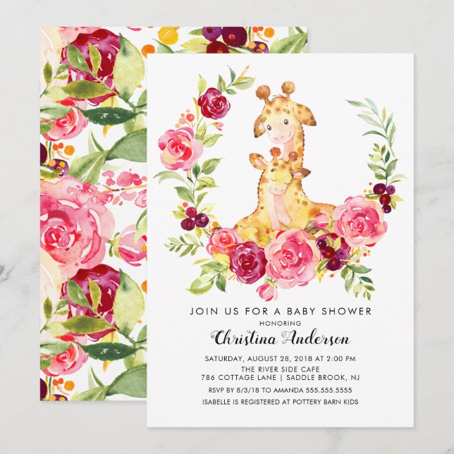 Invitation Baby shower de la Girafe Maman et Bébé (Devant / Derrière)