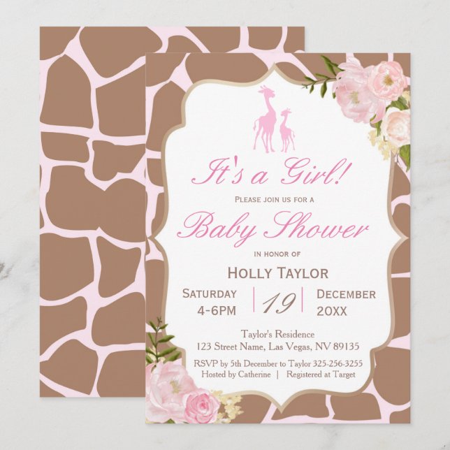 Invitation Baby shower de la Girafe rose (Devant / Derrière)