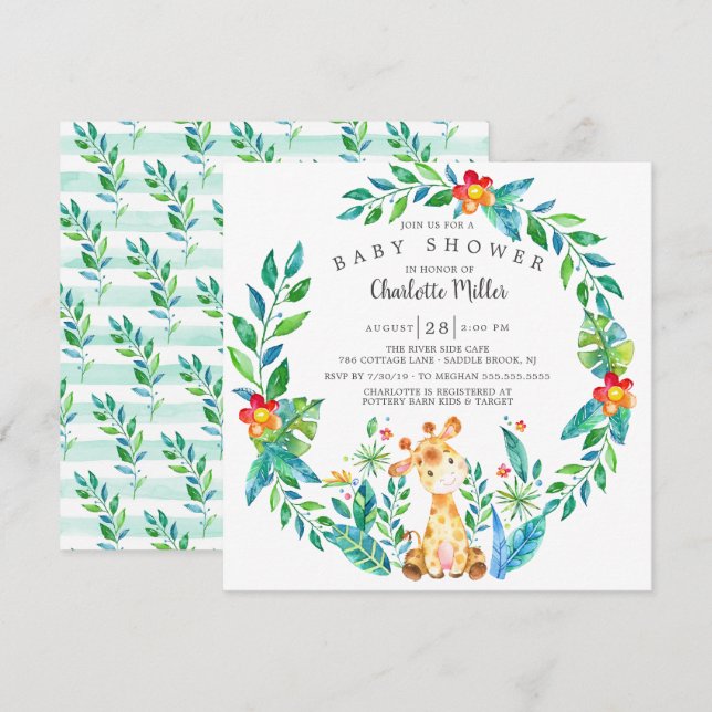Invitation Baby shower de la Giraffe de la Jungle mignonne (Devant / Derrière)