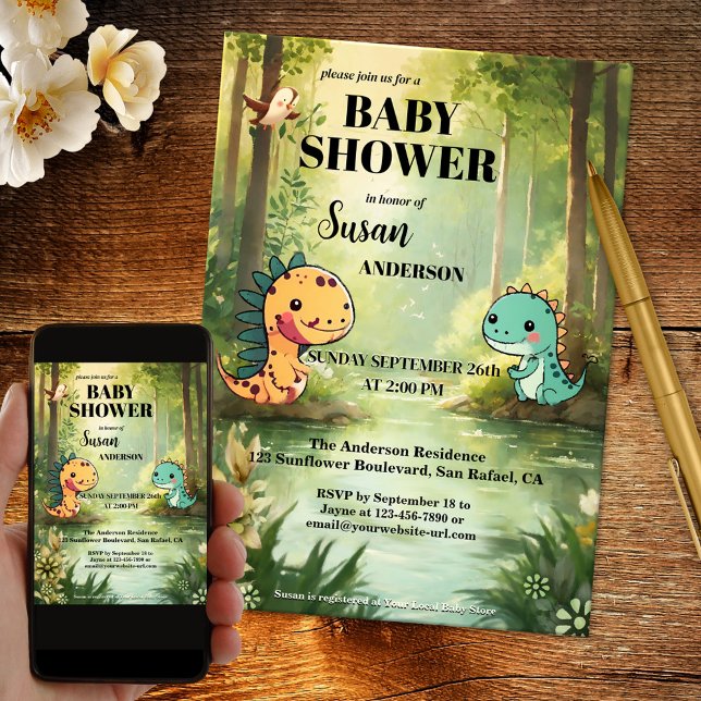 Invitation Baby shower de la jungle de Dragon Whimsical (A cute whimsical baby shower invitation showing a painting of dragons in a jungle at the waterfront)