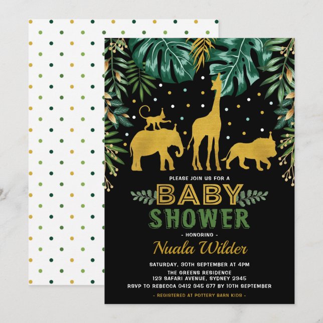 Invitation Baby shower de la jungle moderne / Safari tropical (Devant / Derrière)