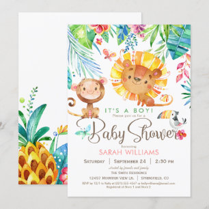 Invitation Baby shower de la jungle tropicale, garçon ou fill