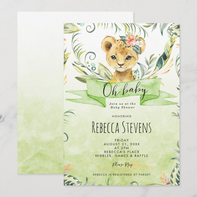 Invitation baby shower de la jungle tropicale Lion (Devant / Derrière)