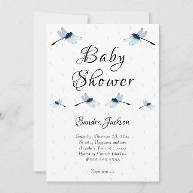 Invitation Baby shower de la libellule bleue (Devant)