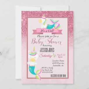 Invitation Baby shower de la licorne rose de sirèn