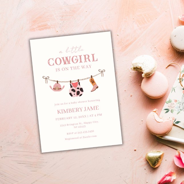 Invitation Baby shower de la ligne de vêtements Boho rose (Pink Boho Cowgirl clothesline Baby Shower Invitation)