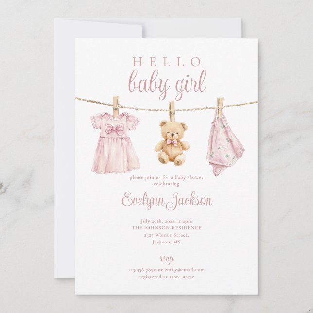 Invitation Baby shower de la ligne de vêtements pour fille ro (Devant)