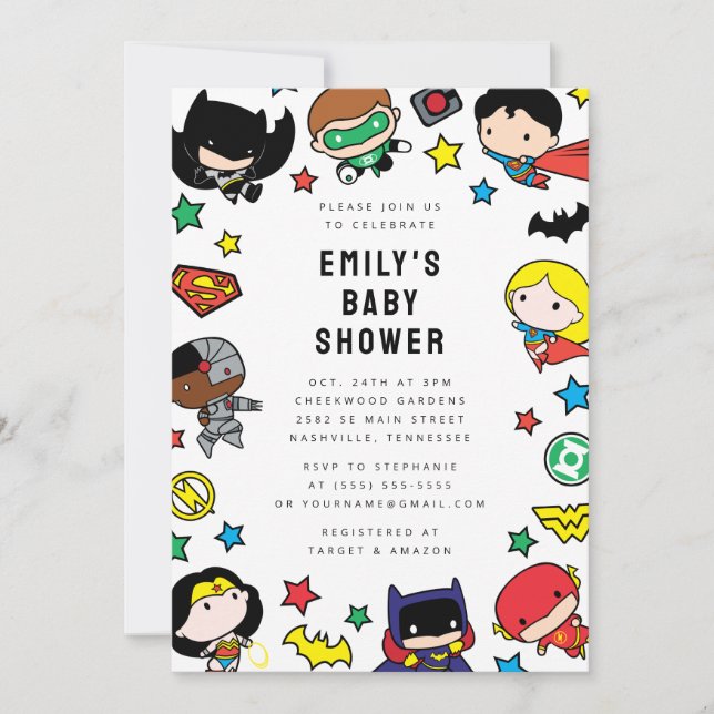 Invitation Baby shower de la Ligue de justice de Chibi (Devant)