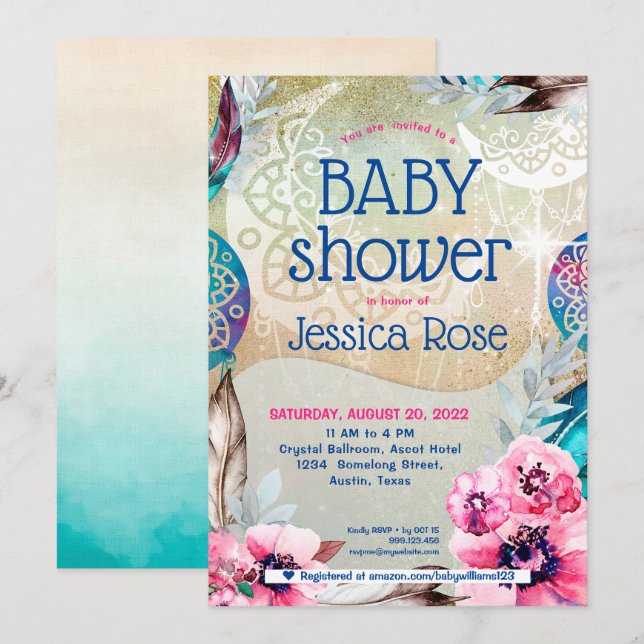 Invitation Baby shower de la lune de Boho Mandala (Devant / Derrière)