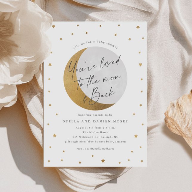 Invitation Baby shower de la lune et des étoiles (Elegant Script Gold Moon and Stars Gender Neutral Baby SHower Invitations.)