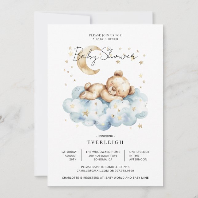 Invitation Baby shower de la lune nuageuse en peluche (Devant)