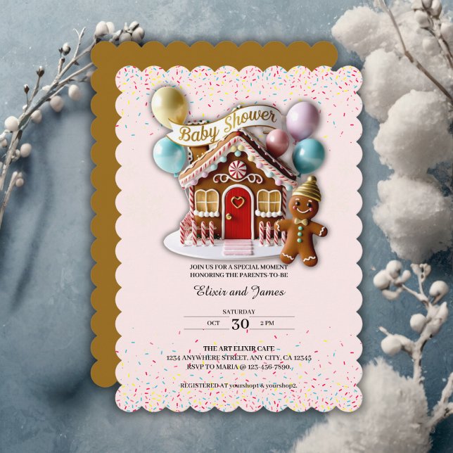 Invitation Baby shower de la maison en pain d'épice d'or (Créateur téléchargé)