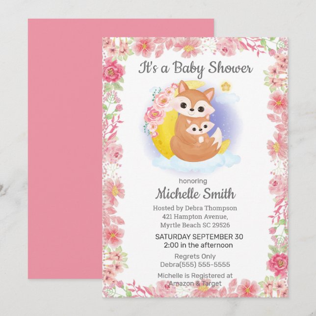 Invitation Baby shower de la maman Fox Floral rose (Devant / Derrière)