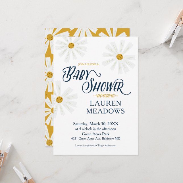 Invitation Baby shower de la marguerite de Scandi (Devant/Arrière en situation)