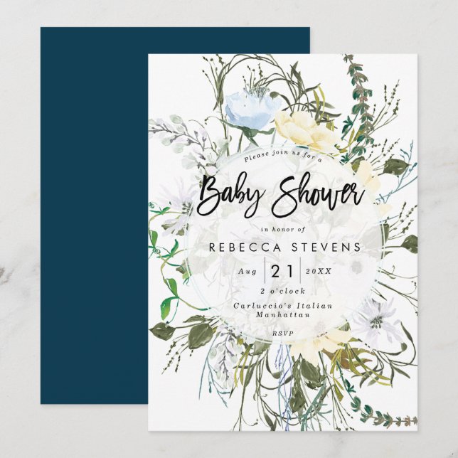 Invitation baby shower de la marine à fleurs sauvages (Devant / Derrière)