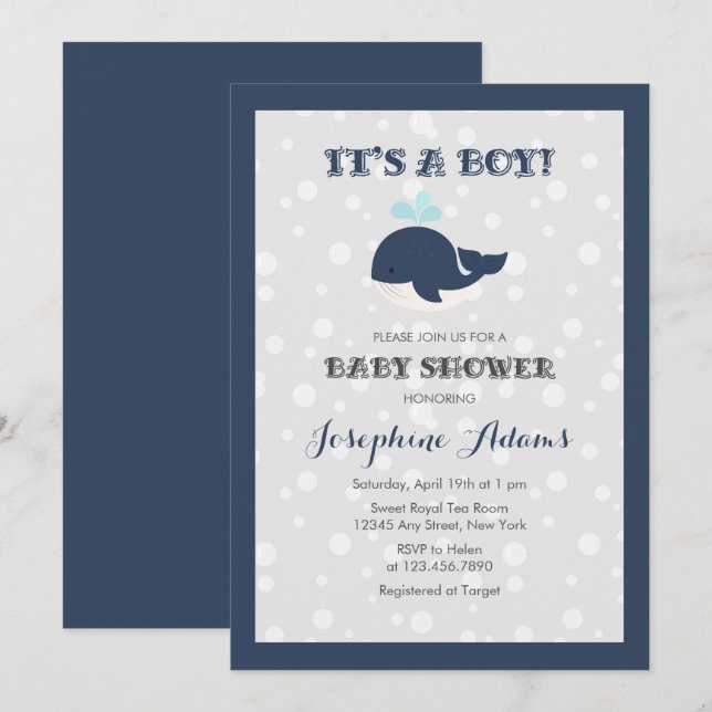 Invitation Baby shower de la marine Blue Ocean Whale (Devant / Derrière)