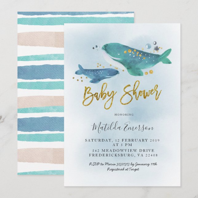 Invitation Baby shower de la Marine Blue Whale (Devant / Derrière)