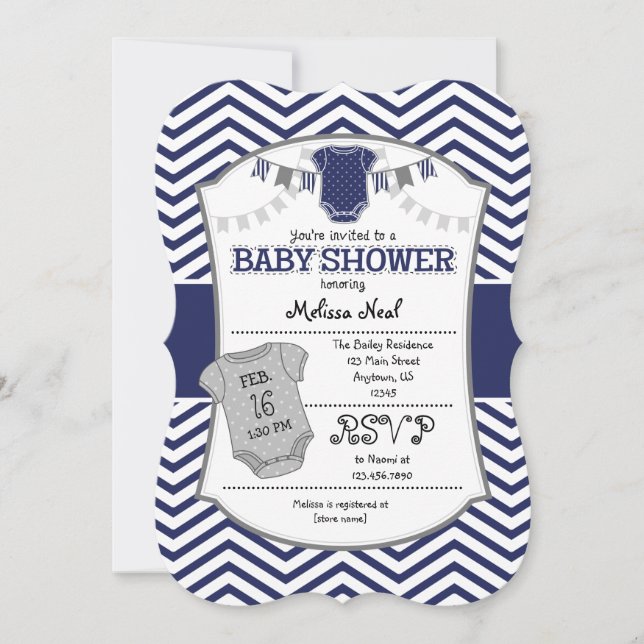 Invitation Baby shower de la marine noire gris gri (Devant)