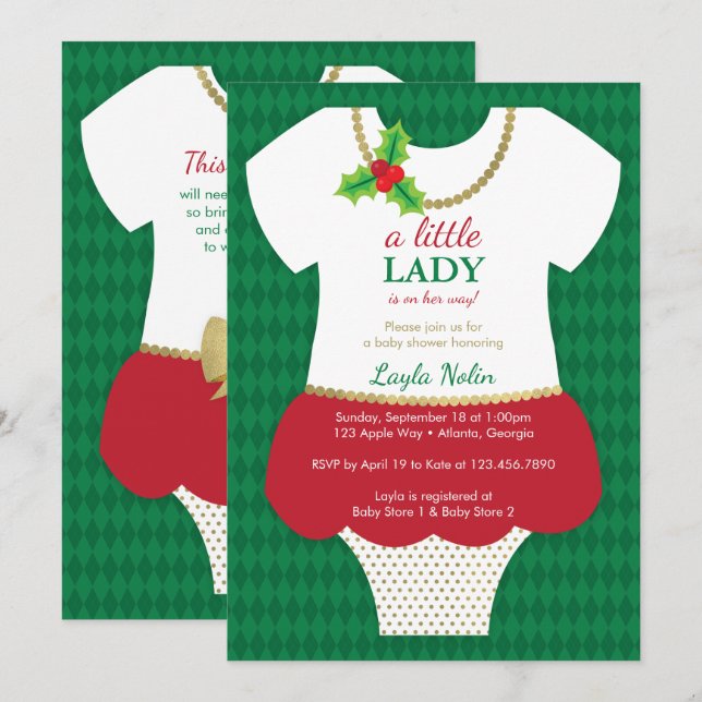 Invitation Baby shower de la petite dame, Noël (Devant / Derrière)