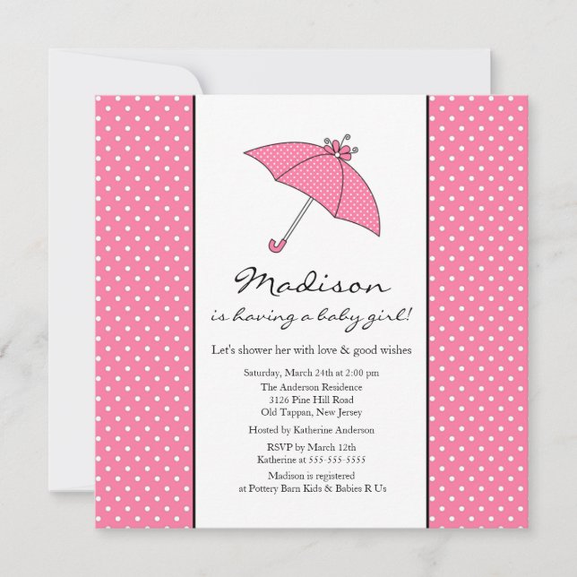 Invitation Baby shower de la petite fille aux parapluies rose (Devant)