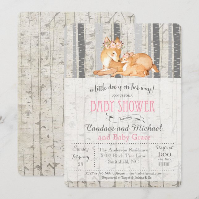 Invitation Baby shower de la petite fille de Birch (Devant / Derrière)