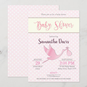 Invitation Baby shower de la petite fille de la cigogne rose
