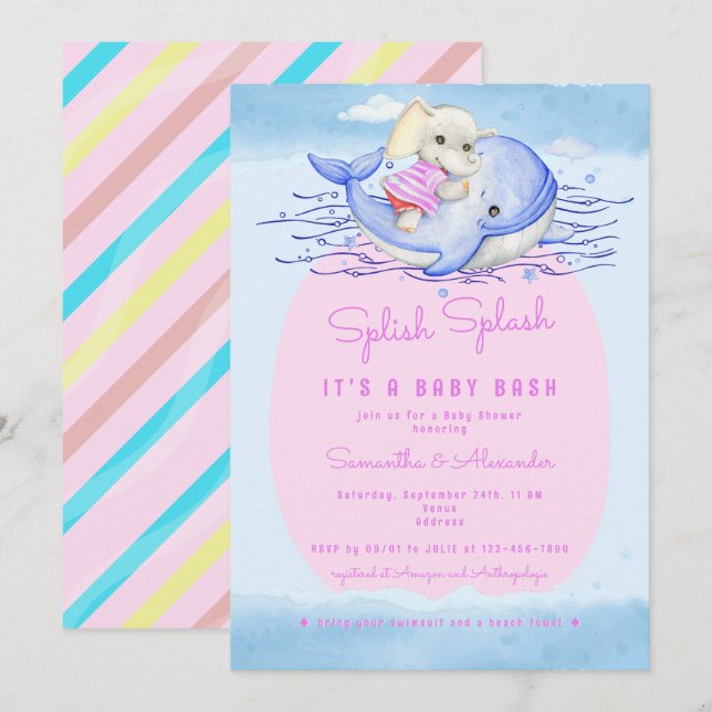 Invitation Baby shower de la piscine de l'éléphant rose de la (Devant / Derrière)