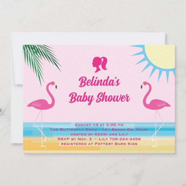 Invitation Baby shower de la plage tropicale rose  (Devant)