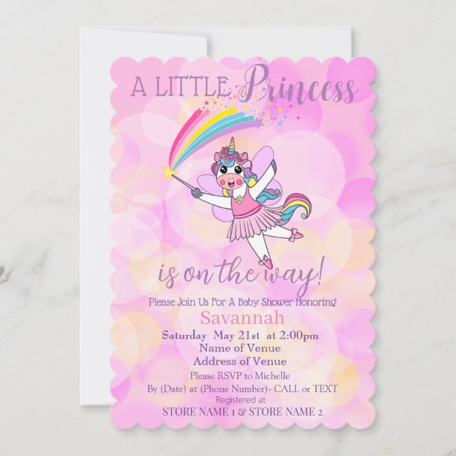 Invitation Baby shower de la princesse rose Unicor (Devant)