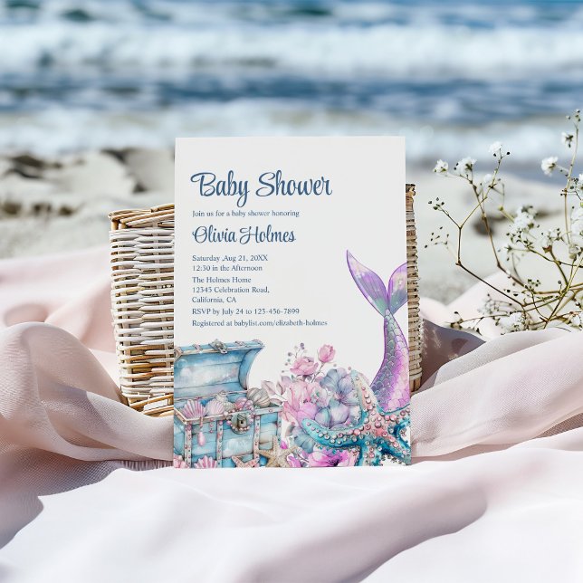 Invitation Baby shower de la queue de sirène de fleurs (Floral Mermaid Tail Starfish Baby Shower Invitation on a sunny beach.)