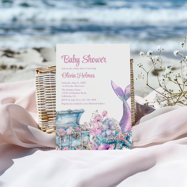 Invitation Baby shower de la queue de sirène de fleurs (Floral Mermaid Tail Starfish Baby Shower Invitation on a sunny beach.)