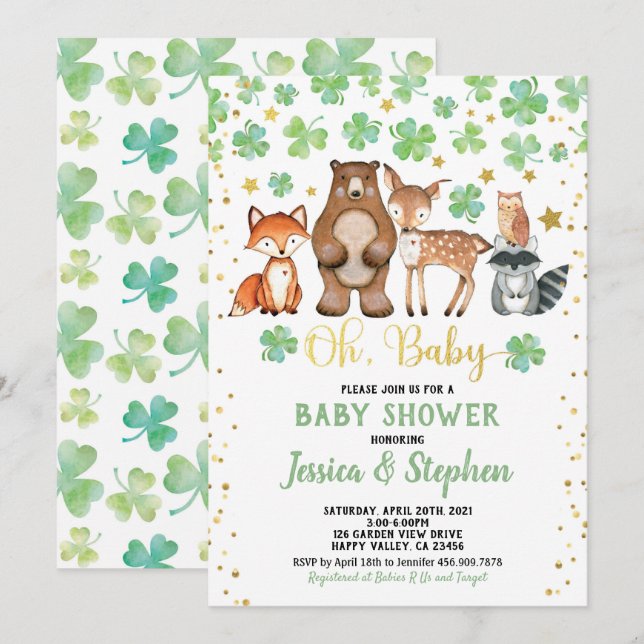 Invitation Baby shower de la Saint Patrick Animaux Shamrocks (Devant / Derrière)