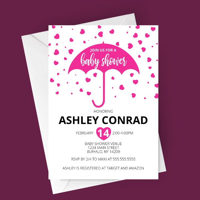 Invitation Baby shower de la Saint Valentin (Valentine's Day Baby Shower Invitation with Pink Umbrella and Hearts)