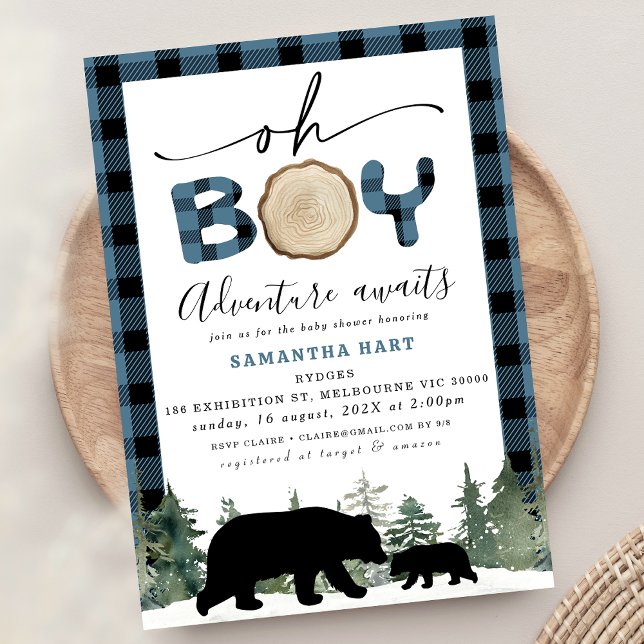 Invitation Baby shower de la sériole de bison bleu (Boys Blue Buffalo Check Lumberjack Baby Shower Invitation, Oh Boy Adventure Awaits baby Shower )