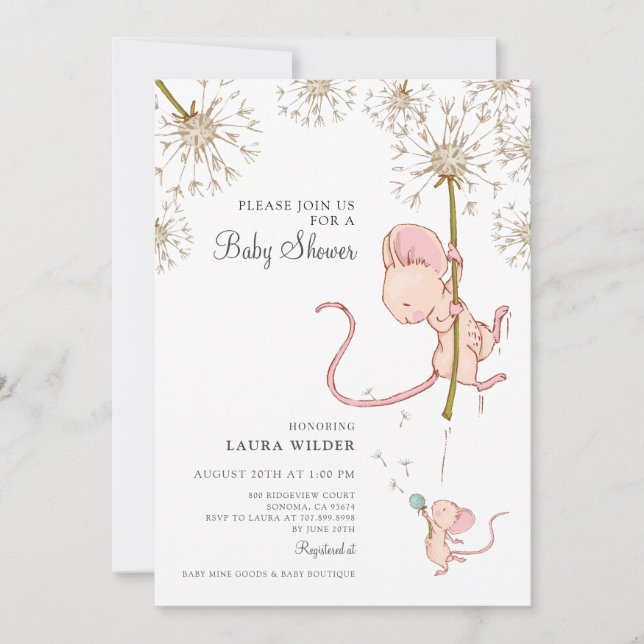 Invitation Baby shower de la souris à aquarelle simple (Devant)