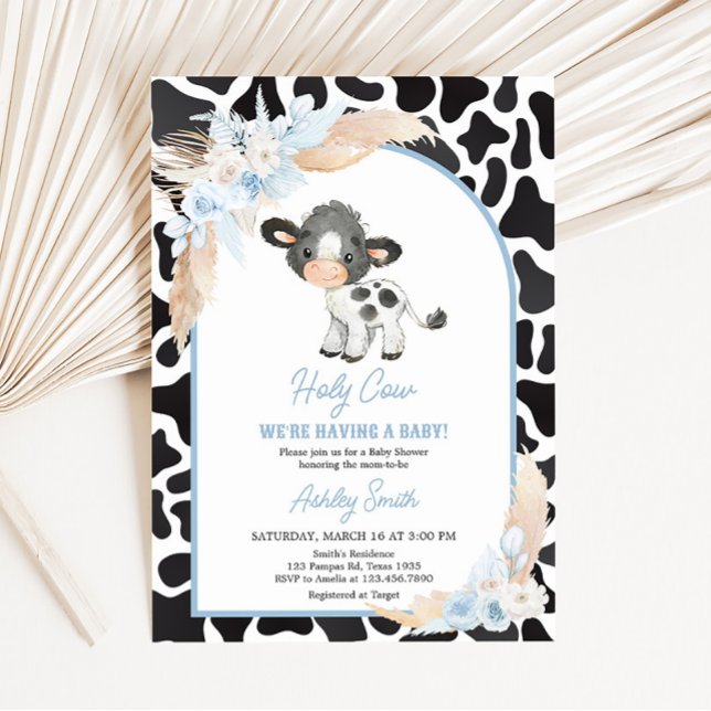 Invitation Baby shower de la vache Blue Boho Highland (Bohemian Floral Farm Baby Shower Invitation)
