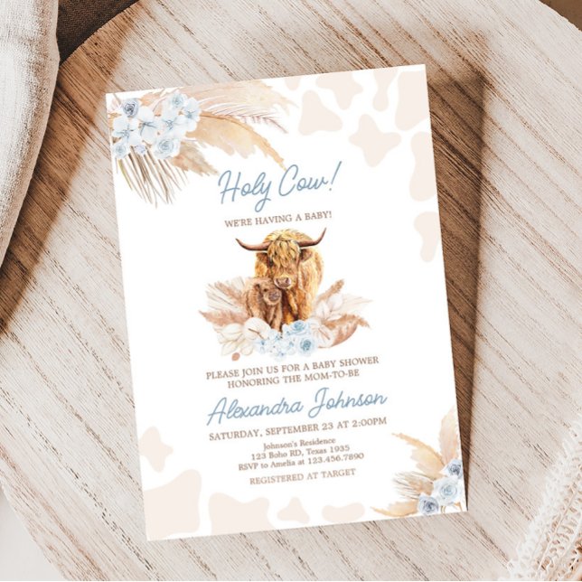 Invitation Baby shower de la vache Blue Highland (Boho Holy Cow Baby Shower Invitation )