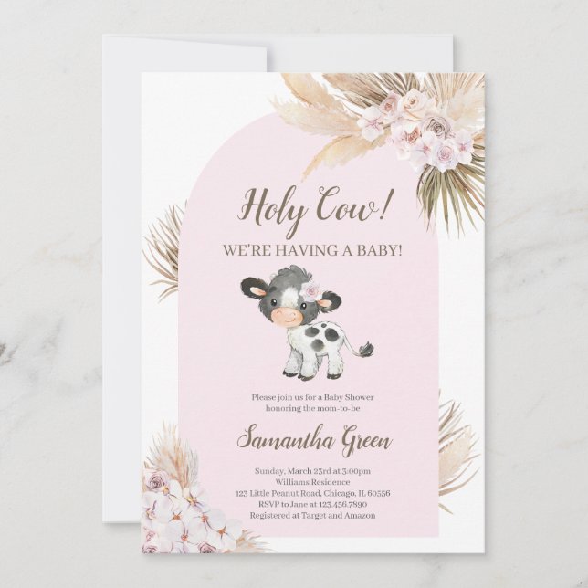 Invitation Baby shower de la vache rose fille (Devant)