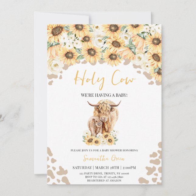 Invitation Baby shower de la vache sacrée tournesol (Devant)