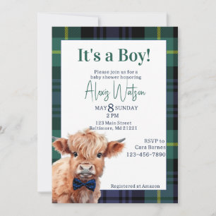 Invitation Baby shower de la vache verte plaid