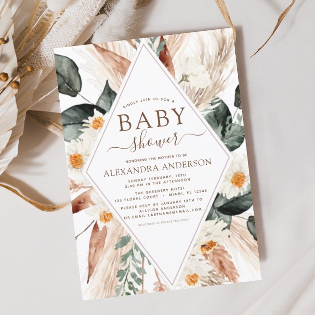 Invitation Baby shower de laiton de Pampas Boho Eucalyptus (Créateur téléchargé)
