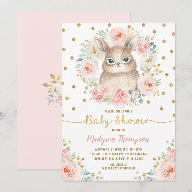 Invitation Baby shower de lapin à lapin à fleurs roses (Devant / Derrière)