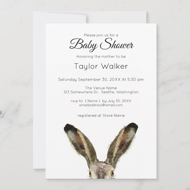 Invitation Baby shower de lapin aquarelle (Devant)