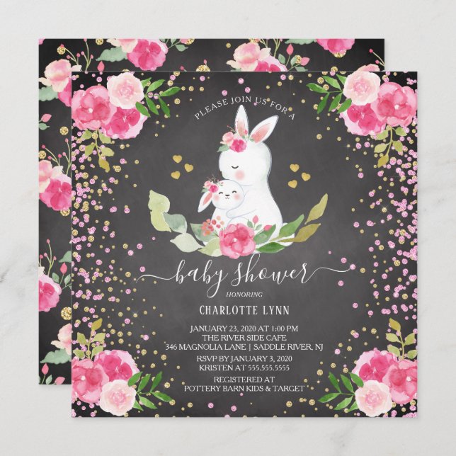 Invitation Baby shower de lapin doux (Devant / Derrière)