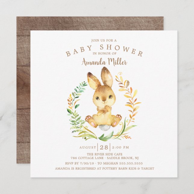 Invitation Baby shower de lapin doux (Devant / Derrière)